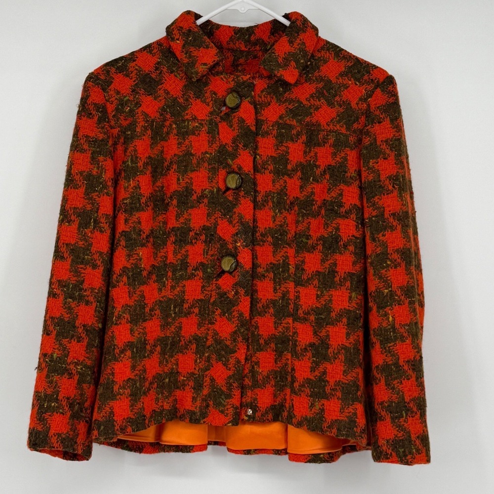Vintage Orange Olive Plaid Tweed Swing Jacket Lazzarini Originals Retro 60s